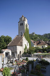 Austria, Duernstein, Church at grave yard with mountain in background - WWF01204