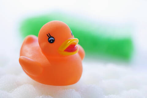 Rubber duck floating on soapsud stock photo
