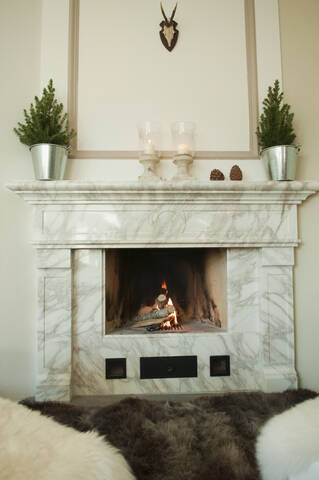 Fireplace in living room stock photo