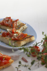 Ciabatta bread with slices of tomato and onion in plate. - CHKF01042