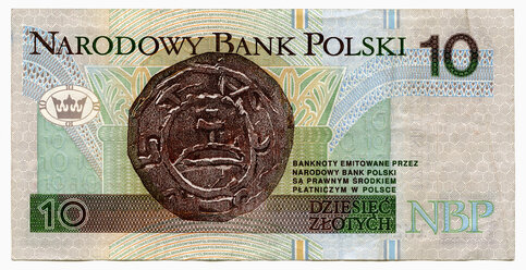 Rückseite des 10-Zloty-Scheins vor weißem Hintergrund - THF01114
