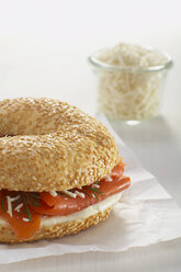 Bagel mit geräuchertem Lachs, Meerrettich, Dill und Mayonnaise auf weißem Hintergrund - CHKF01055