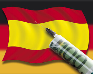 Nahaufnahme der Geldspritze auf spanischer Flagge gegen deutsche Flagge - 12881CS-U