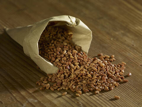 Fenugreek seeds spilling on wooden surface stock photo