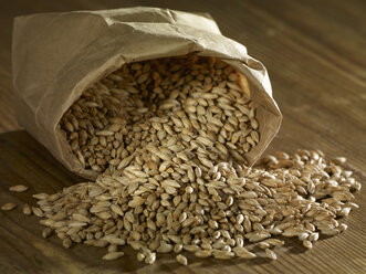 Malting barley spilling on wooden surface - SRSF00200