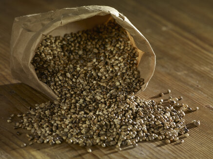 Hemp seeds spilled on wooden surface - SRSF00181