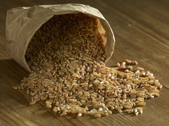 Unripe spelt grains spilling on wooden surface - SRSF00173