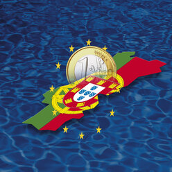 Umriss von Portugal mit Sternen der Europäischen Union und Euro-Münze vor blauem Hintergrund, digitales Komposit - 13059CS-U