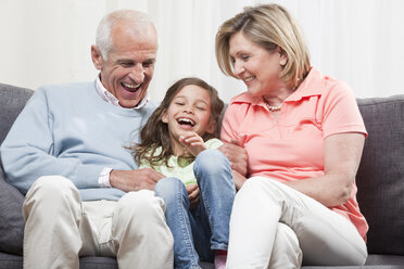 Granddaughter (6-7) and grandparents sitting and enjoying, smiling - CLF00858