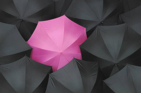 Offene schwarze Regenschirme mit einem rosafarbenen Regenschirm, Nahaufnahme, lizenzfreies Stockfoto