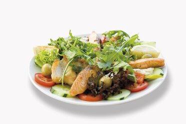 Gebratener Fisch Lachs garniert mit gemischtem Salat und Zander in Teller auf weißem Hintergrund - 13557CS-U