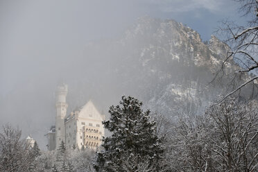 Deutschland, Bayern, Hohenschwangau, Blick auf Schloss Neuschwanstein bei Nebel - SHF00454