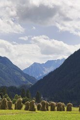 Österreich, Tirol, Ehrwald, Blick auf Heustadeln mit Bergen im Hintergrund - CSF013574