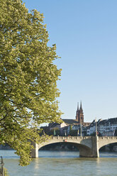 Switzerland, Basel, bridge over Rhine river with Basel Cathedral in background - LFF000195