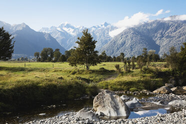 Neuseeland, Südinsel, Westküste, Blick auf den Westland-Nationalpark mit Bergen im Hintergrund - GWF001300