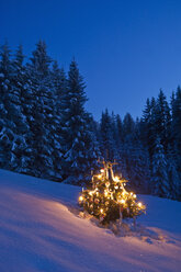 Österreich, Salzburg, Altenmarkt-Zauchensee, Blick auf geschmückten Weihnachtsbaum in verschneiter Landschaft - HHF003389