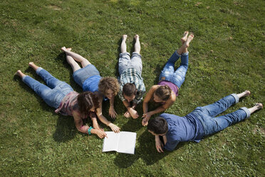 Deutschland, München, Mann und Frau liegen im Gras und lesen ein Buch - LDF000879