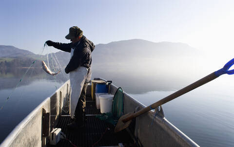 Österreich, Mondsee, Fischer fängt einen Fisch im Fischernetz, lizenzfreies Stockfoto