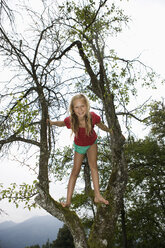 Austria, Mondsee, Girl (12-13 Years) on tree, portrait, smiling - WWF001630