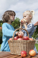 Deutschland, München, Mädchen (2-3 Jahre) und Junge (10-11 Jahre) essen Äpfel - RBF000317