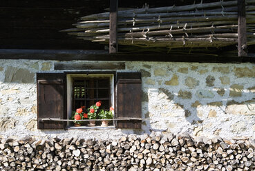 Österreich, Mondsee (Stadt), Blick auf altes Bauernhaus und Wald am Fenster - WW001654