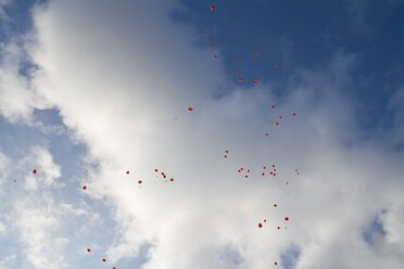 Germany, Red heart shape balloons with messages in sky - HKF000287