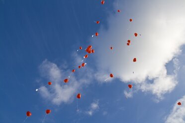 Germany, Red heart shape balloons with messages in sky - HKF000288