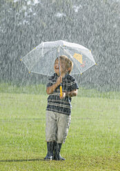Junge mit Regenschirm im Regen stehend - WBF000779