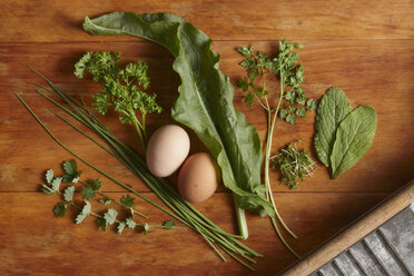 Variety of herbs with eggs on table - THF001137