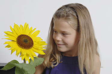 Mädchen (10-11 Jahre) schaut sich eine Sonnenblume an - CRF001931