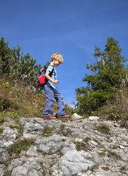 Deutschland, Bayern, Junge (4-5 Jahre) beim Wandern am Berg - HSIF000008