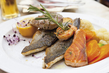 Fishes in plate garnished with vegetable and lemon - CSF013682