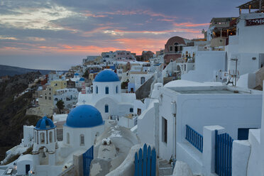 Europe, Greece, Aegean Sea, Cyclades, Thira, Santorini, Oia, View of blue dome and bell tower of a church - FOF002750