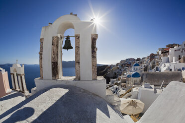 Europe, Greece, Aegean Sea, Cyclades, Thira, Santorini, Oia, View of bell tower in front of the Caldera - FOF002758