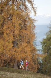 Italien, Südtirol, Älteres Paar beim Wandern in den Dolomiten - WESTF015921