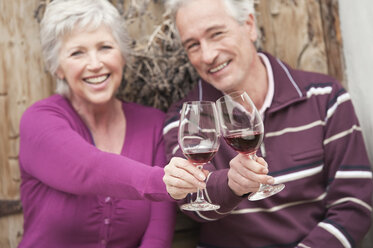 Italy, South Tyrol, Mature couple with wine glass at mountain hut - WESTF015994