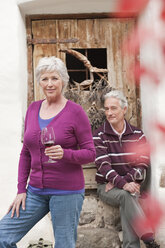 Italy, South Tyrol, Mature couple with wine glass at mountain hut - WESTF015995