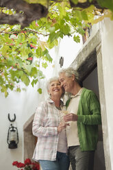 Italy, South Tyrol, Mature couple with wine glass at guesthouse - WESTF016031