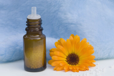 Ringelblume und Medizinflasche auf weißem Hintergrund - CRF002032