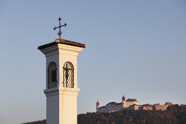 Austria, Lower Austria, Mostviertel, Wachau, Tower of shrine with Goettweig monastery in background - SIEF000121