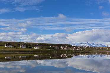 South America, Argentina, Tierra del Fuego, Ushuaia, View of sea, village in background - FOF003037