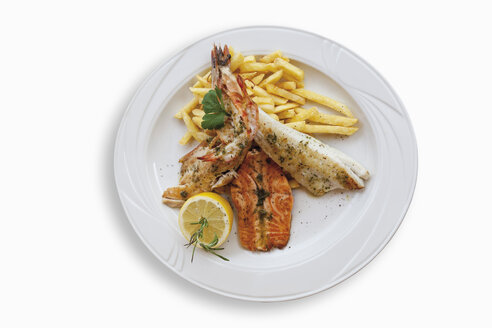 Fischplatte mit Zanderfilet, Lachsfilet, Wolfsbarschfilet, Scampis und Pommes frites im Teller - CSF014640