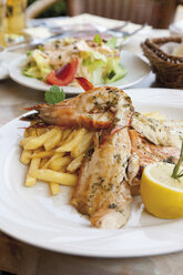 Fischplatte mit Zanderfilet, Lachsfilet, Wolfsbarschfilet, Scampis und Pommes frites im Teller - CSF014641