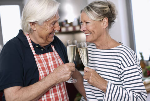 Deutschland, Wakendorf, Älteres Paar mit Getränk, lächelnd, lizenzfreies Stockfoto