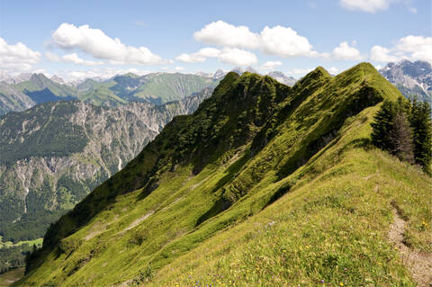 Deutschland, Bayern, Schlappoltkopf, Blick auf die Allgäuer Alpen, lizenzfreies Stockfoto