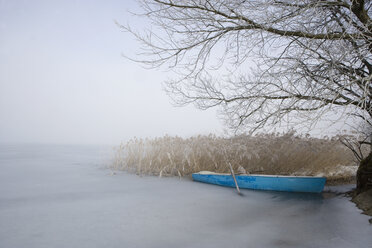 Österreich, Salzkammergut, Ruderboot auf zugefrorenem Irrsee - WWF001862