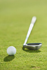 Italien, Kastelruth, Golfball und Golfschläger auf dem Golfplatz - WESTF016391