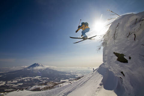 Japan, Hokkaido, Niseko, Man skiing stock photo