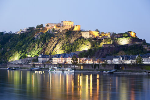 Koblenz, View of fortress Ehrenbreitstein in evening light with river rhine - MSF002451