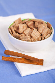 Close up of cinnamon cereal chips in bowl with cinnamon stick - TSF000237